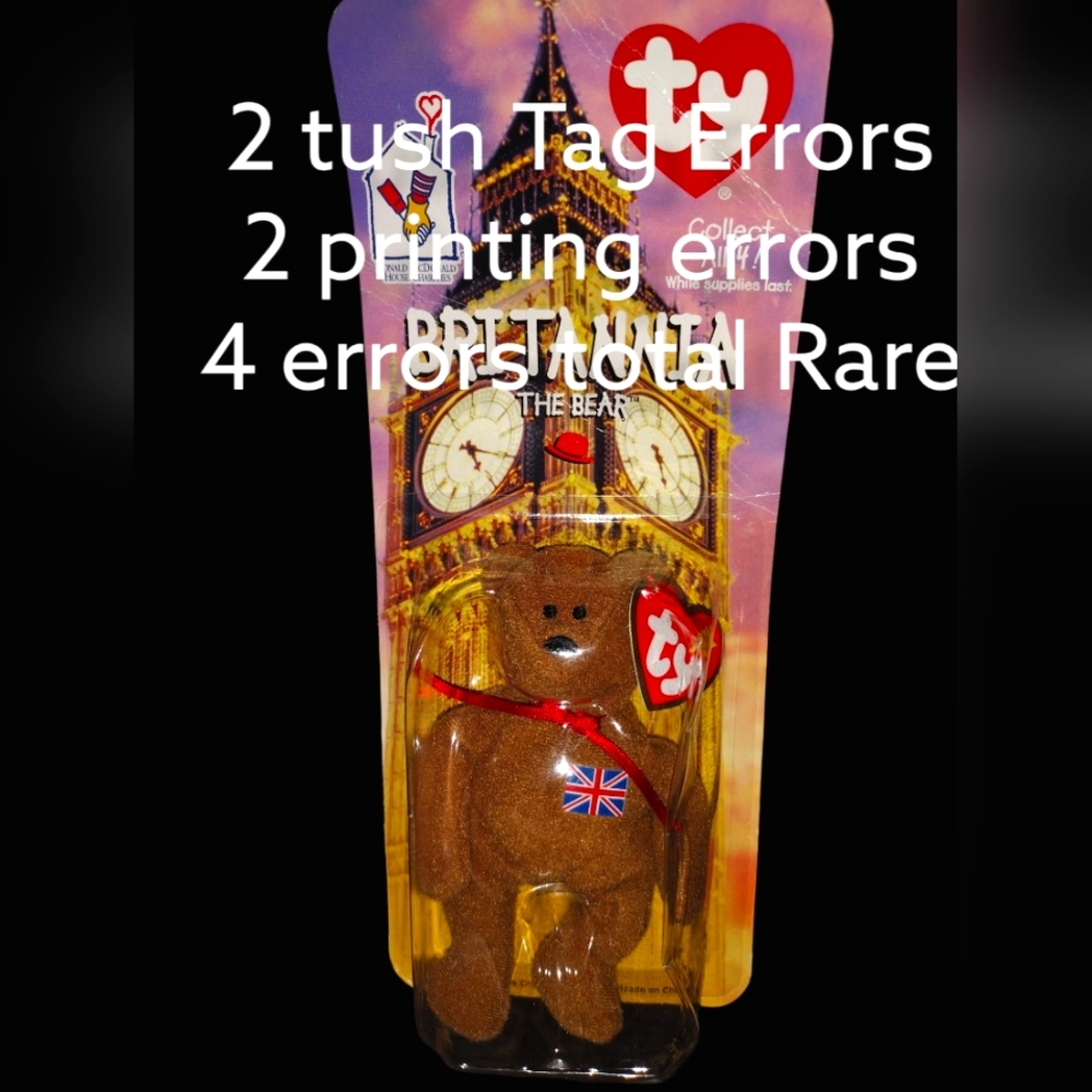 BRITANNIA THE BEAR 4 ERRORS TOTAL!  THIS RETIRED TEENIE BEANIE BABY IS VALUABLE
